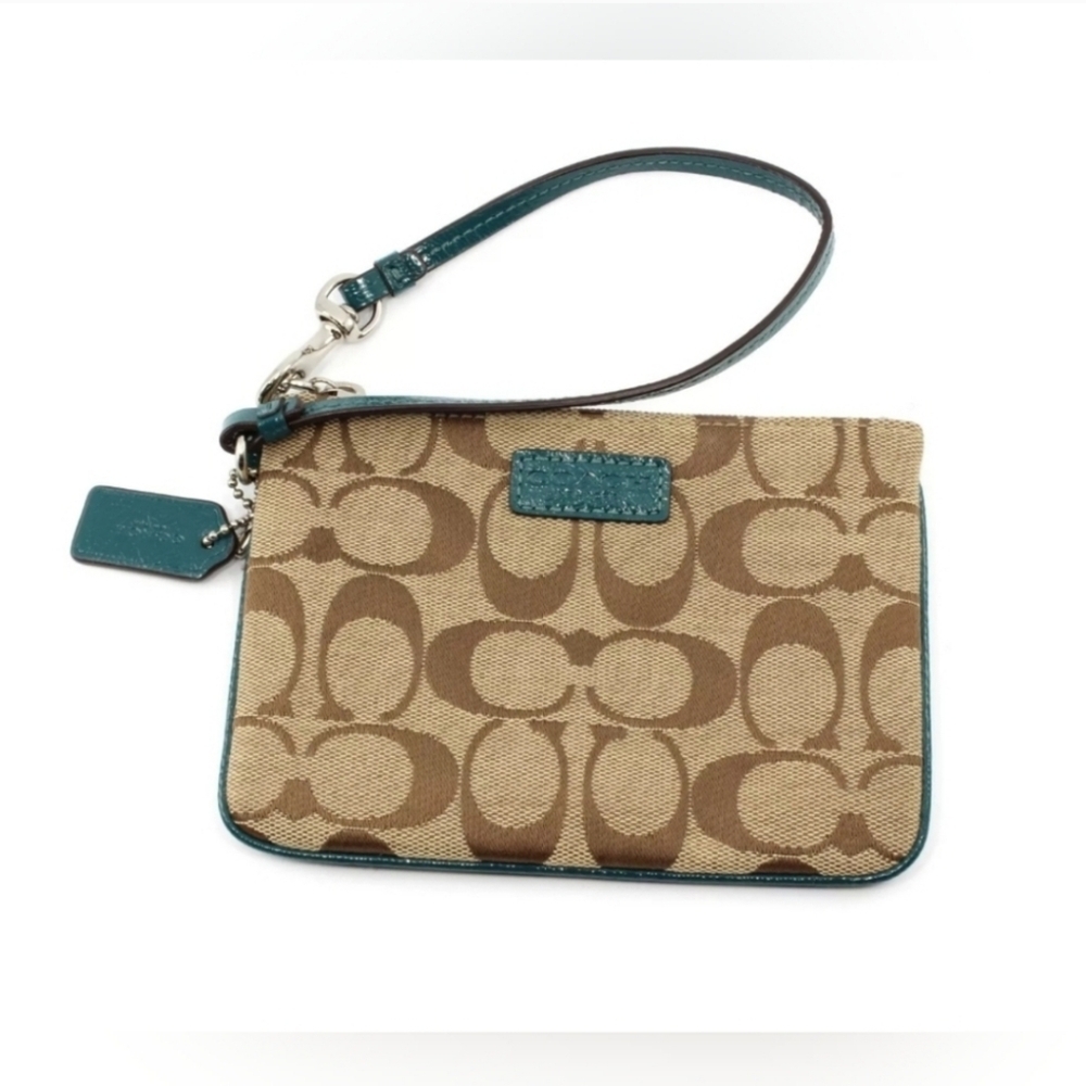 Coach Canvas Signature C Wristlet in Brown and Teal EUC